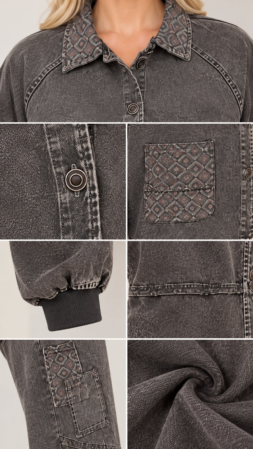 Close-up details of embroidered collar, pocket patch, ribbed cuff, and textured fabric