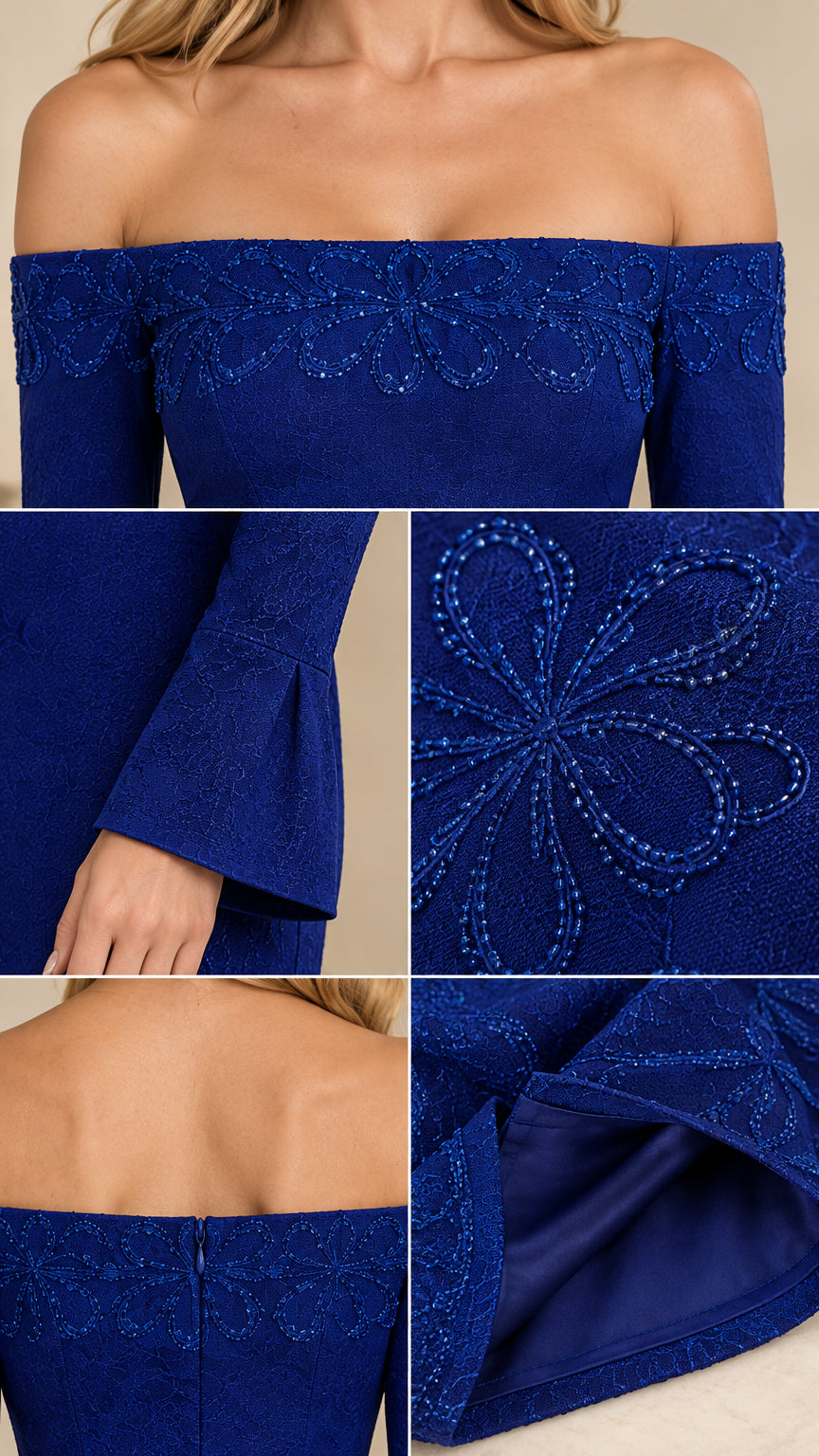 Detailed collage showing neckline beading, bell cuffs, back zipper, and inner lining
