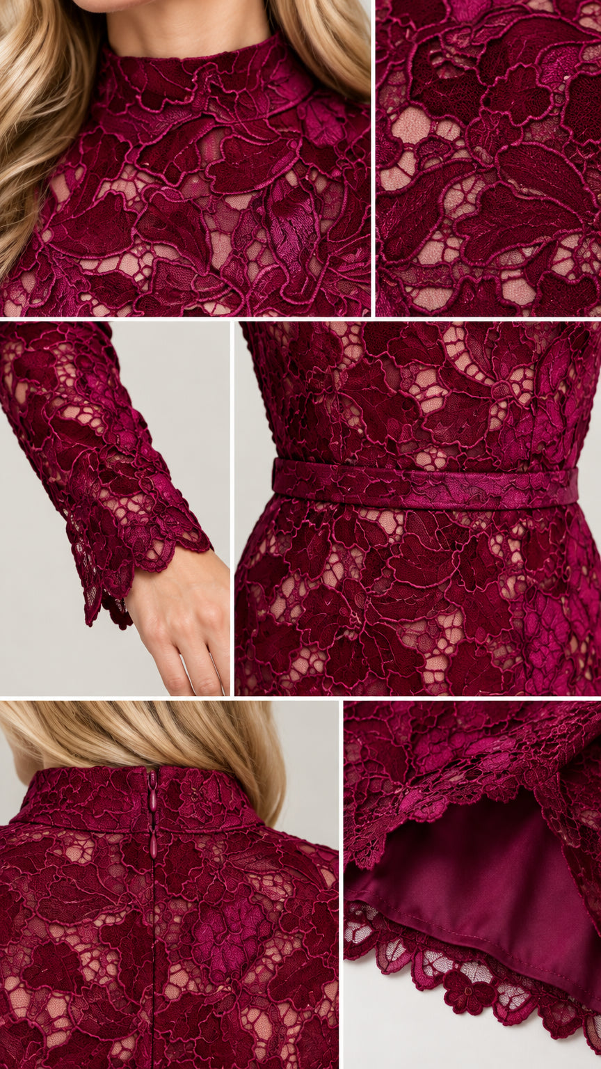 Detailed close-up collage of floral lace texture, scalloped cuffs, and neckline