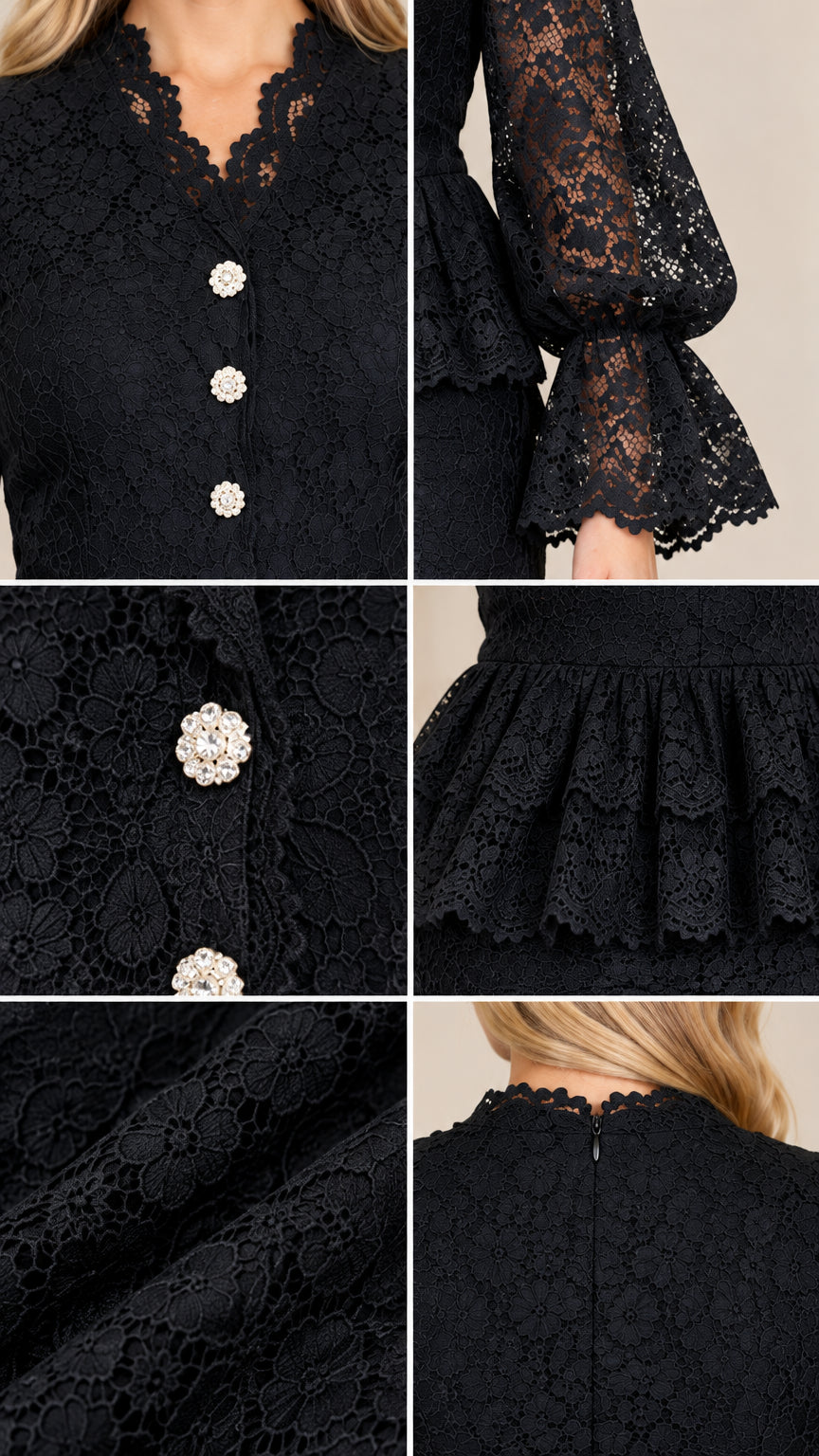 Close-up details of scalloped V-neck, floral crystal buttons, sheer ruffled cuff, and lace texture