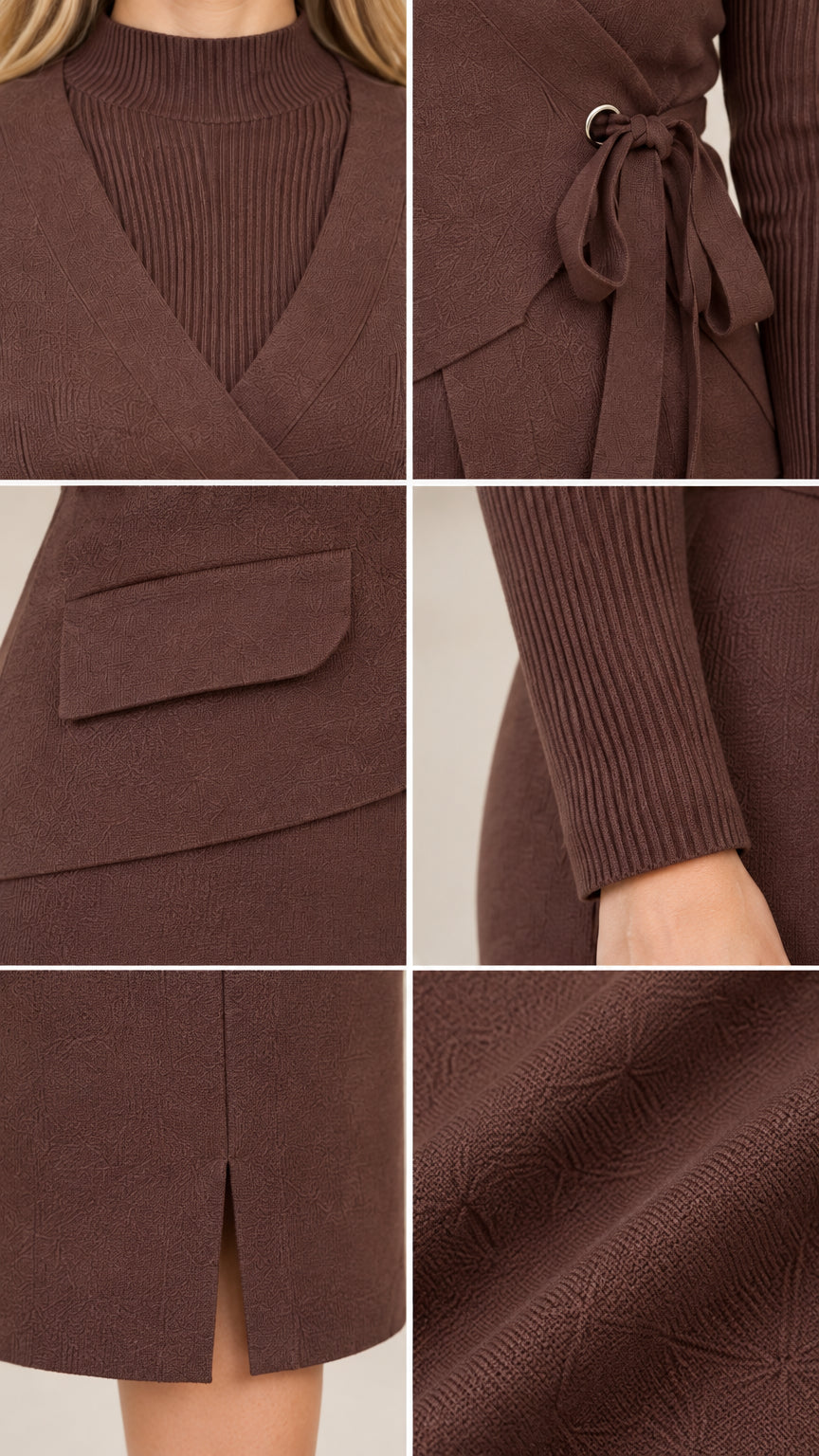 Close-up details of ribbed mock neckline, waist tie grommet, flap pocket, ribbed cuffs, and back hem slit