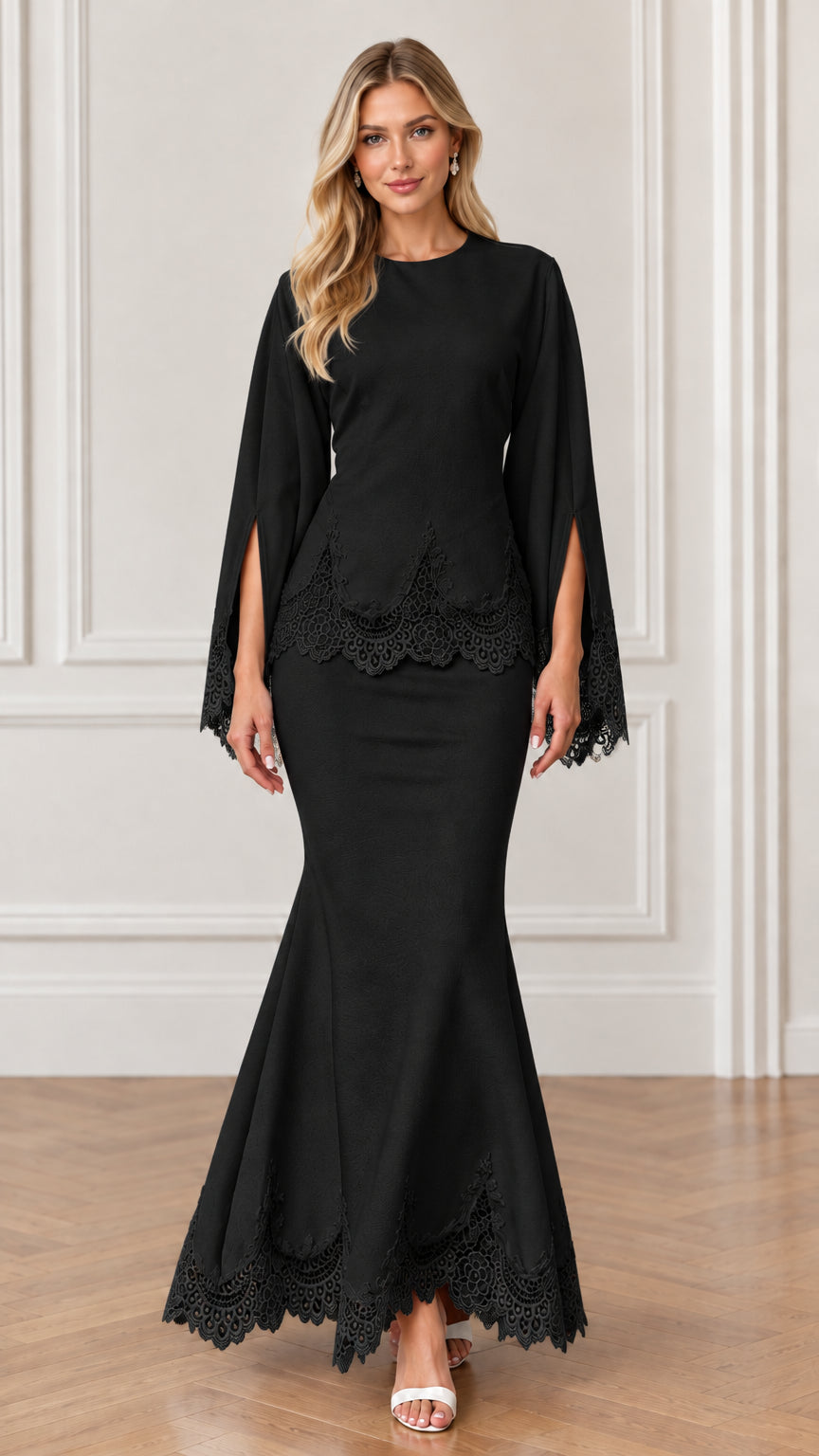 Front view of black scalloped lace trim split sleeve mermaid evening dress