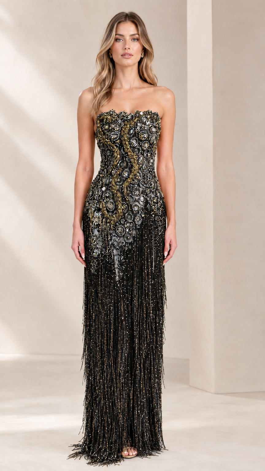 Strapless beaded fringe evening gown in Black
