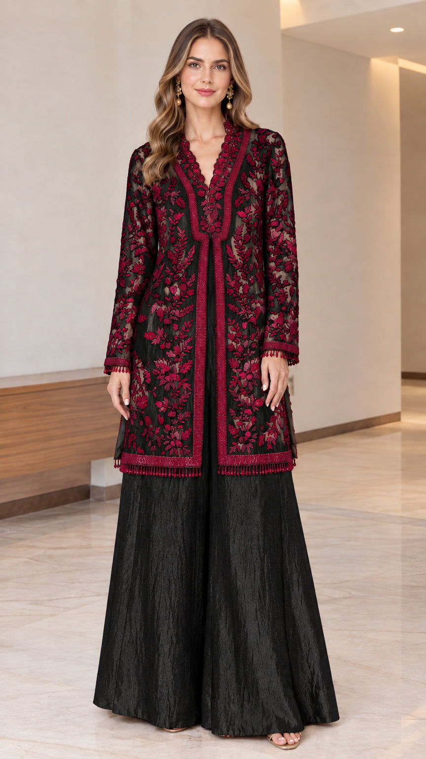 Black and burgundy floral embroidered tunic with matching black wide-leg pants