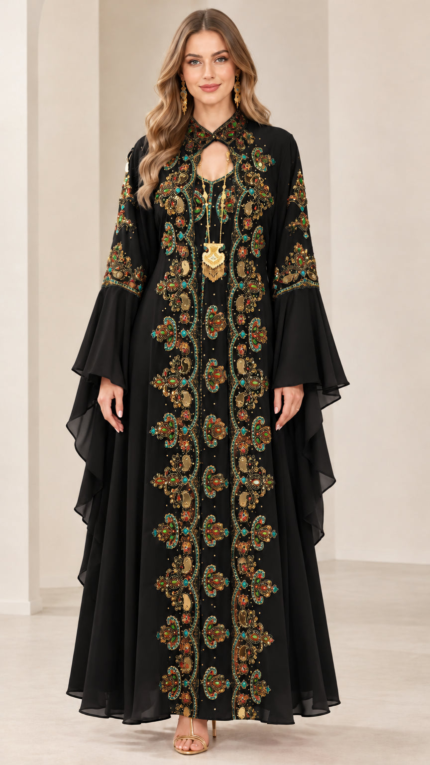 Classic black embroidered kaftan maxi dress front view