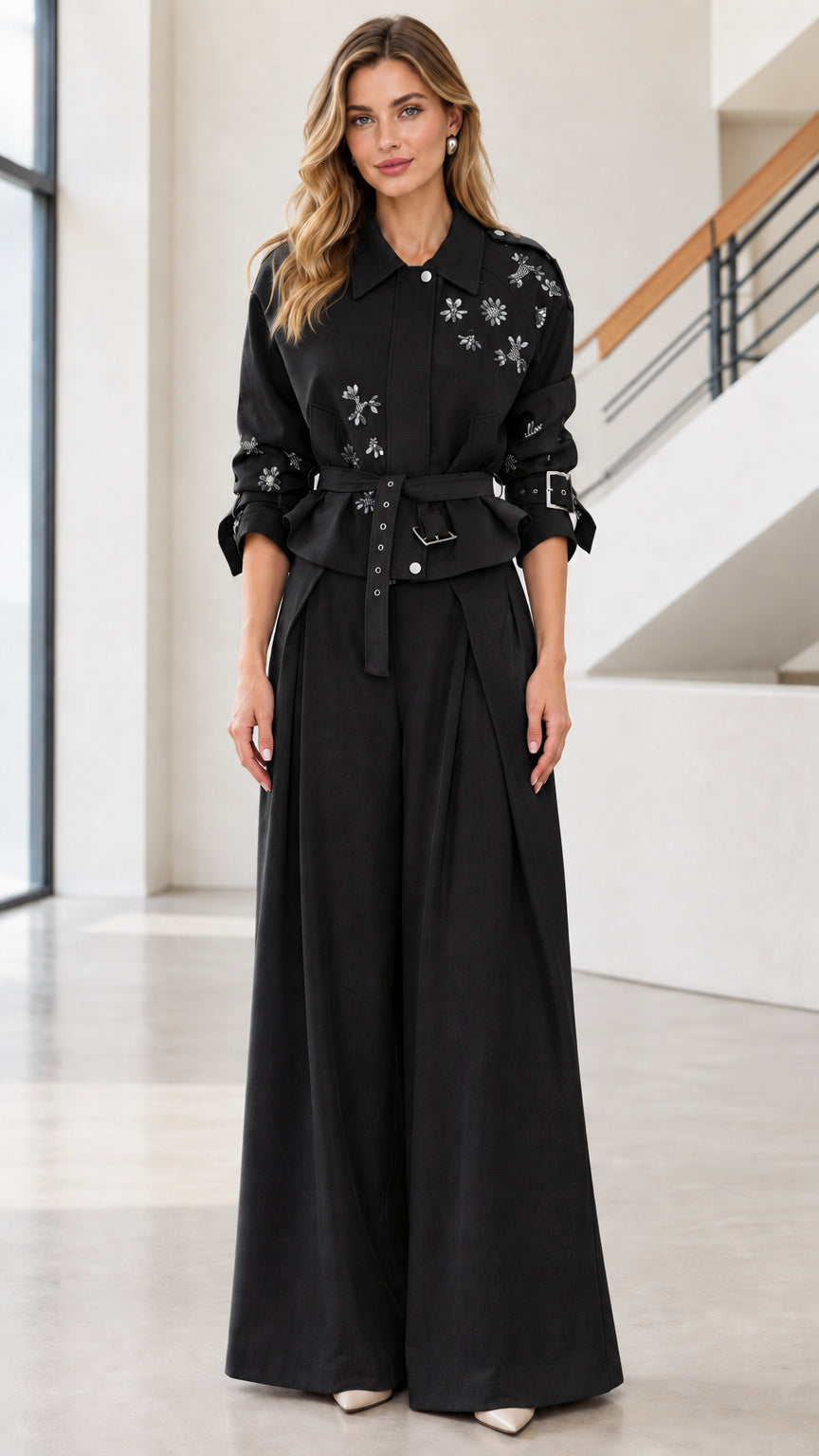 Full-body view of black embellished belted jacket and wide-leg trousers set