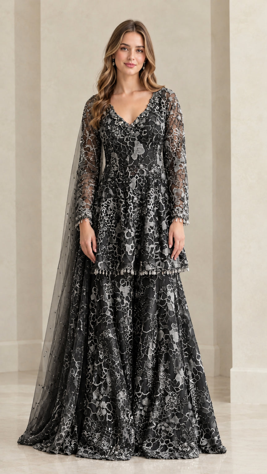 Black embroidered peplum sharara suit set with flared trousers