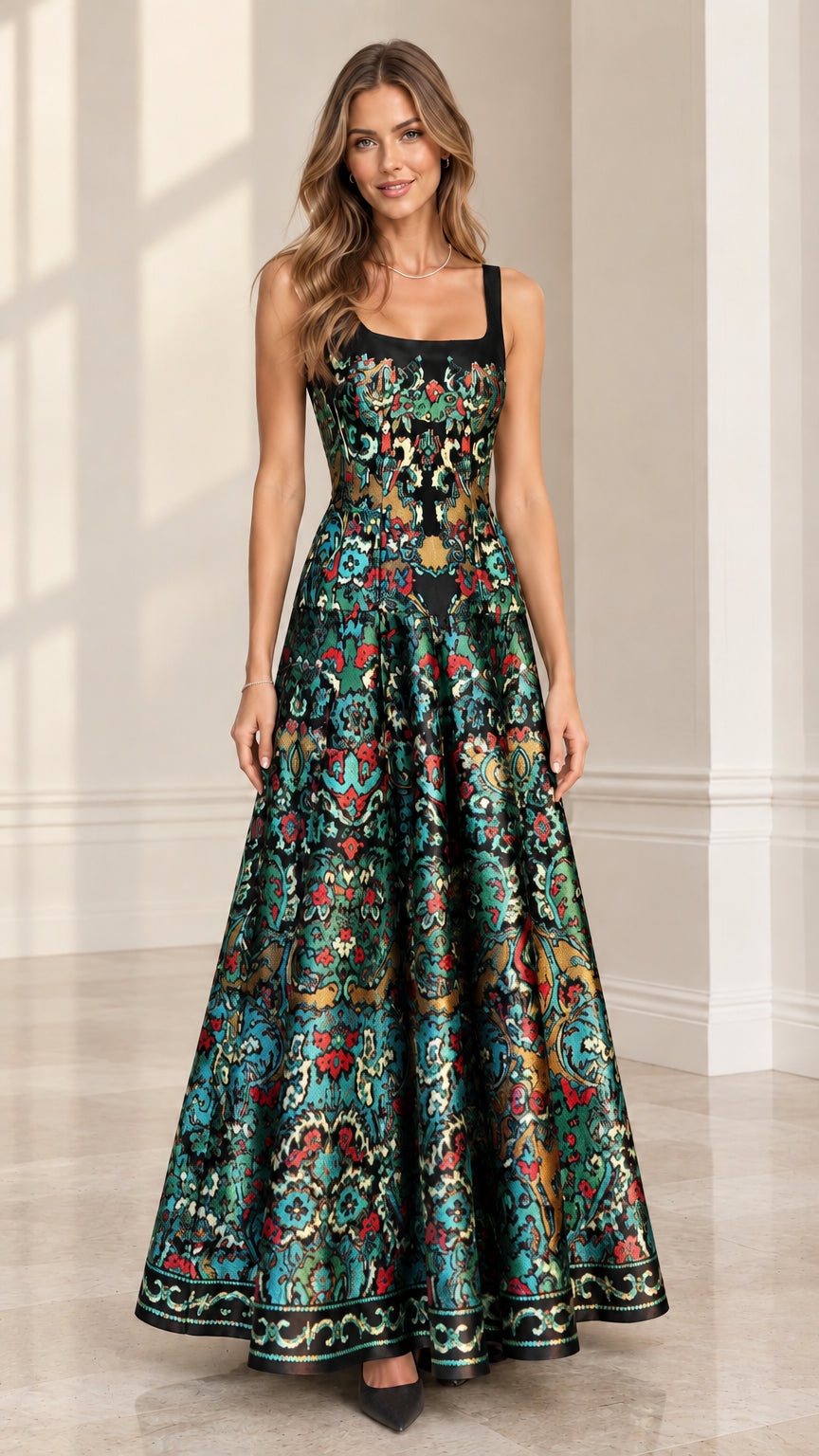 Model wearing Black multicolor brocade jacquard floor-length formal gown