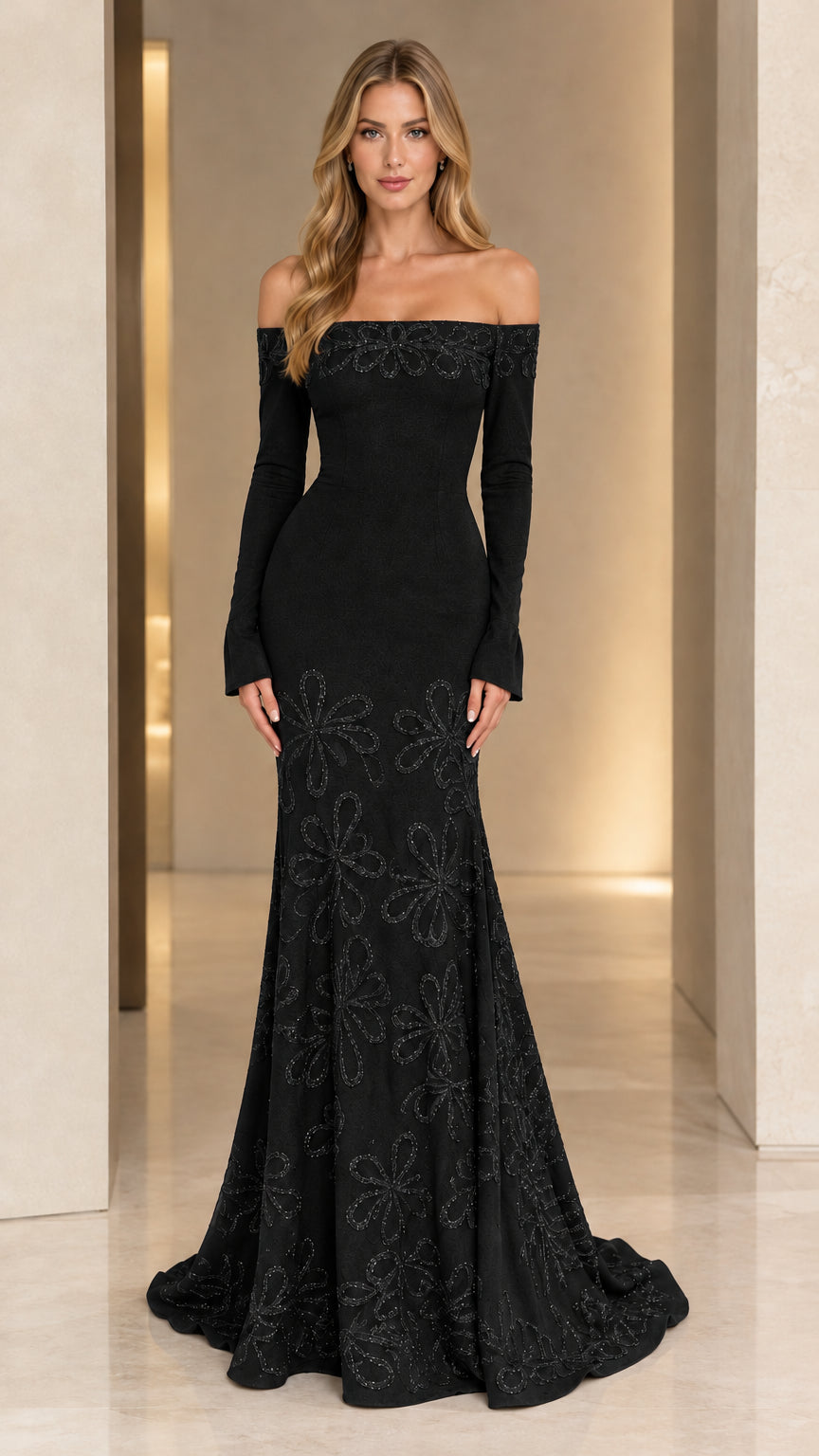 Black off-the-shoulder long sleeve mermaid formal gown with tonal beading