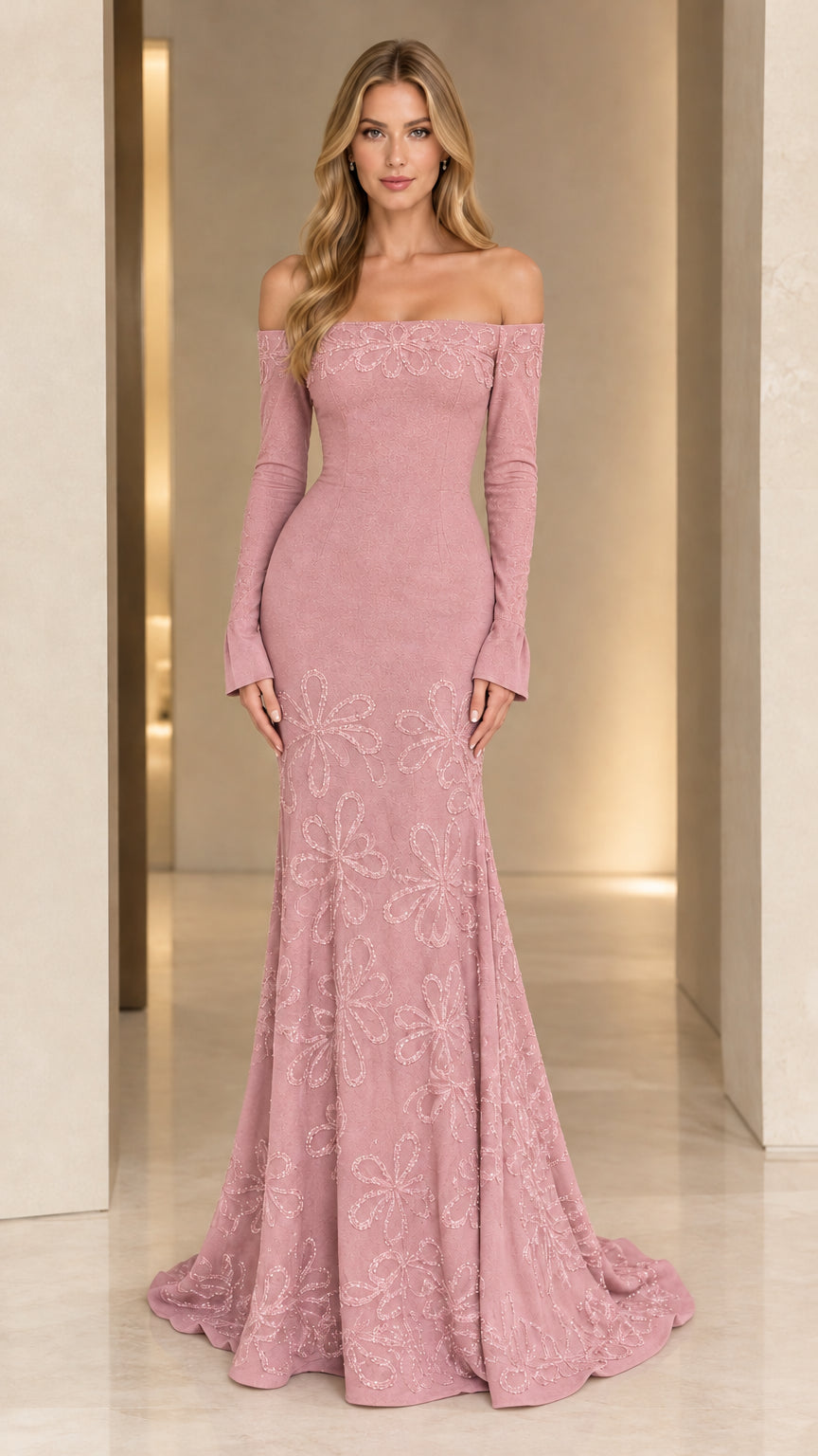 Dusty rose off-the-shoulder mermaid gown with long sleeves and beading