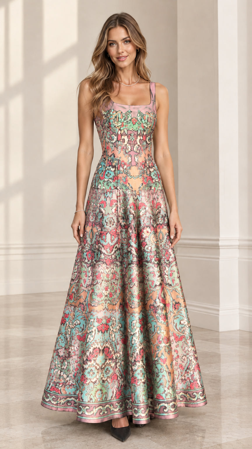 Model wearing Blush Pink floral brocade A-line evening maxi gown