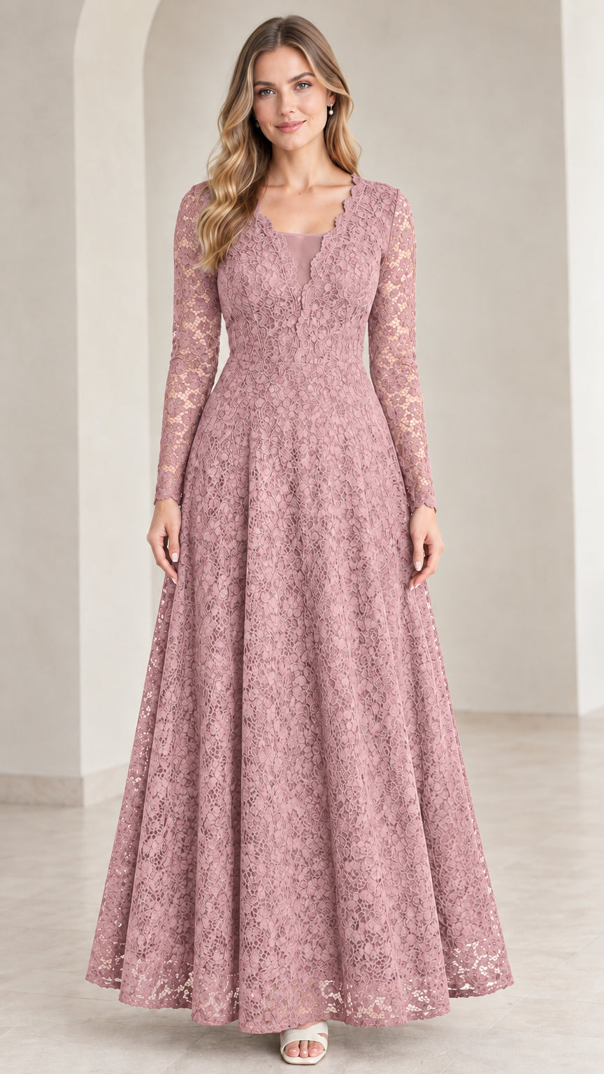 Front view of model wearing Dusty Rose long sleeve lace evening maxi dress