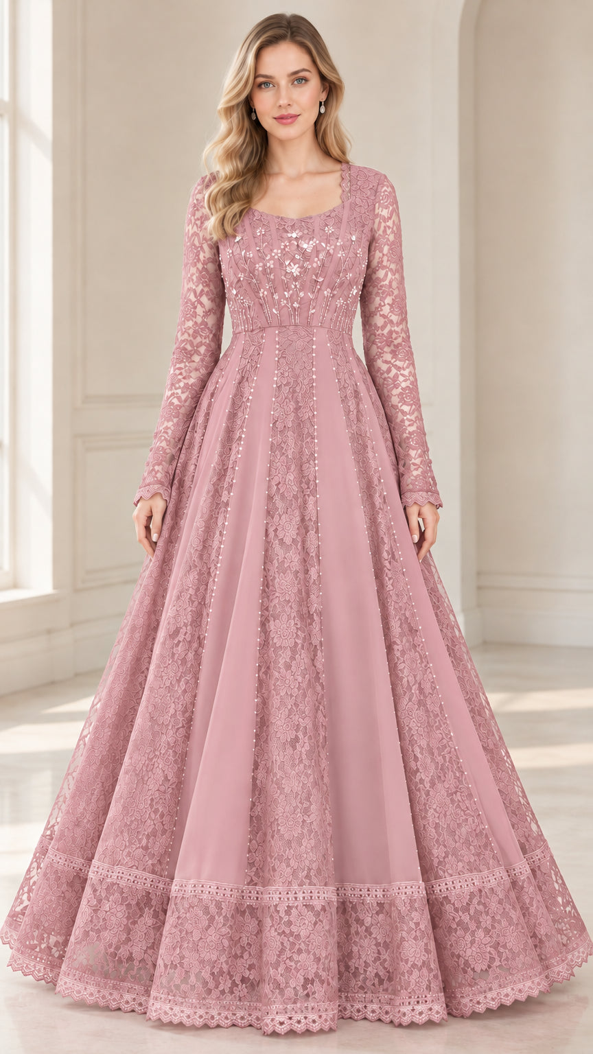 Dusty rose long sleeve embellished lace evening gown front view