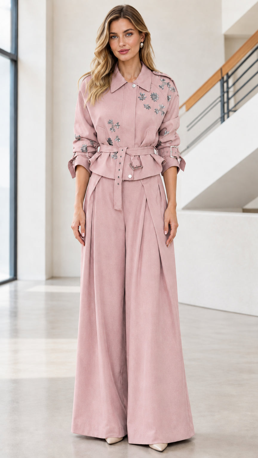 Full-body view of dusty pink embellished belted jacket and wide-leg trousers set