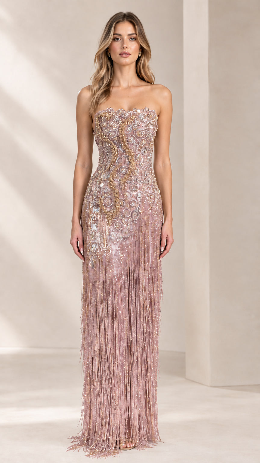 Strapless beaded fringe evening gown in Blush Pink