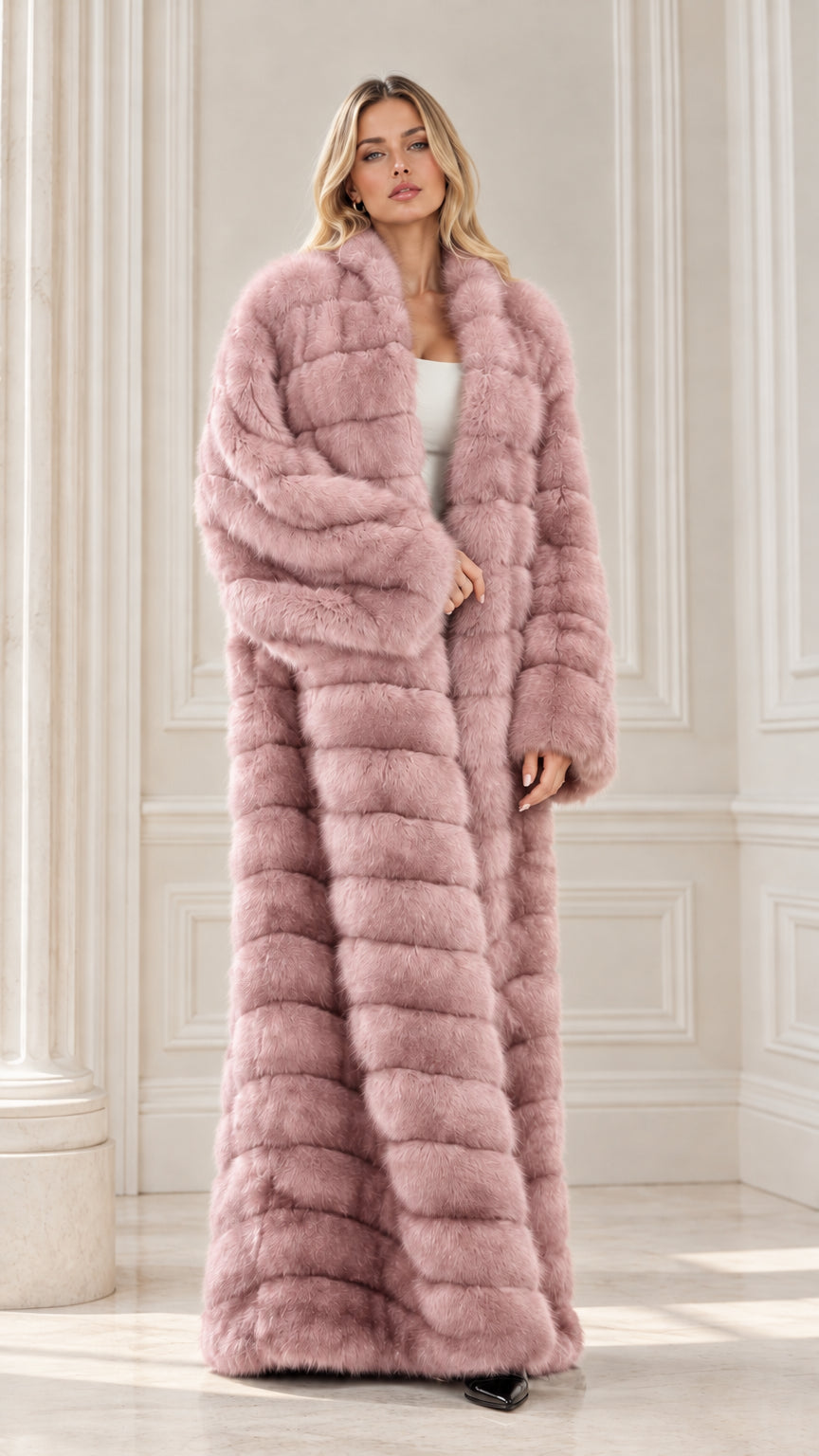 Full-length dusty pink tiered faux fur longline overcoat