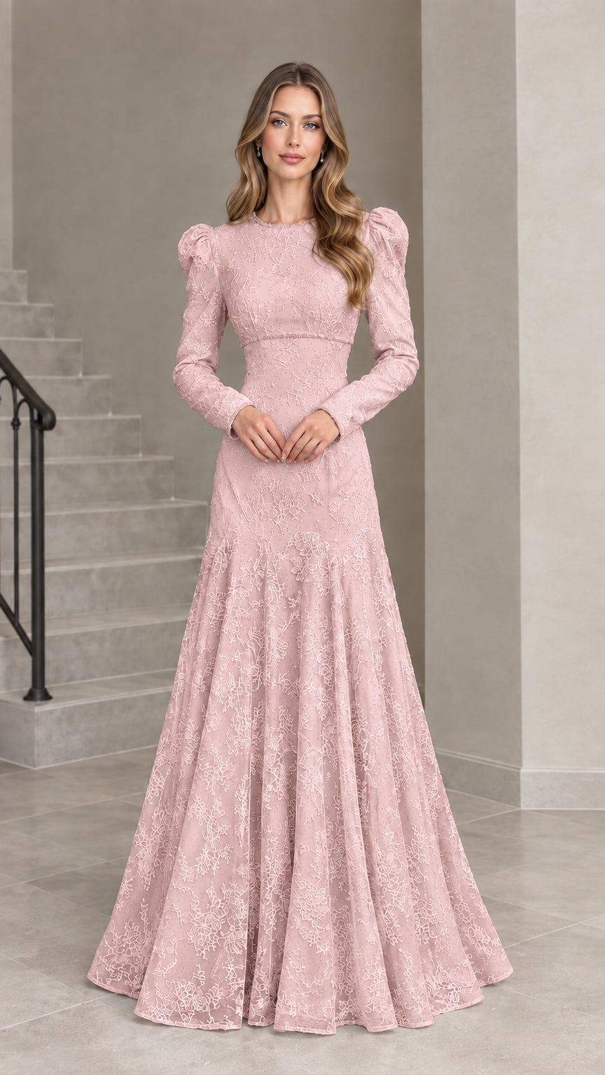 Dusty pink long sleeve floral lace formal maxi dress