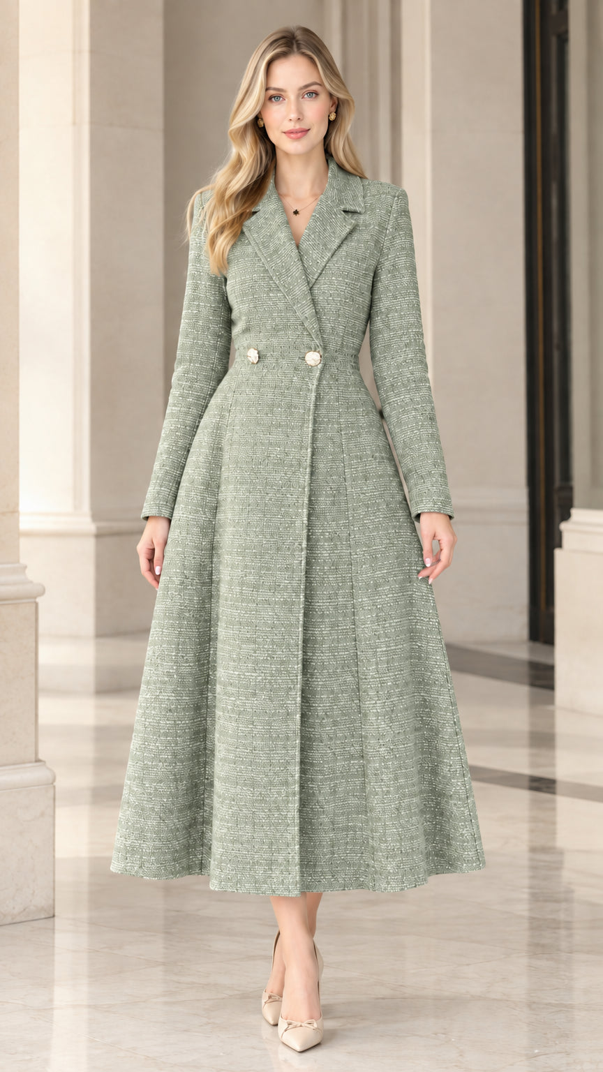 Sage green tailored A-line tweed coat dress on model