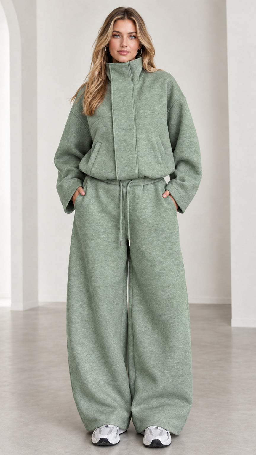 Women's sage green casual funnel neck sweatshirt and wide leg trousers set
