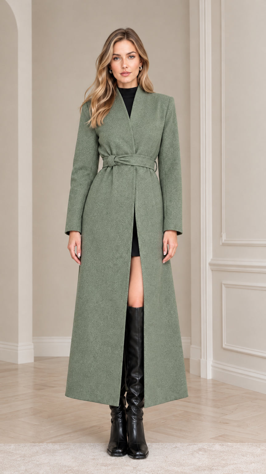 Front view of model wearing the Sage Green belted maxi overcoat