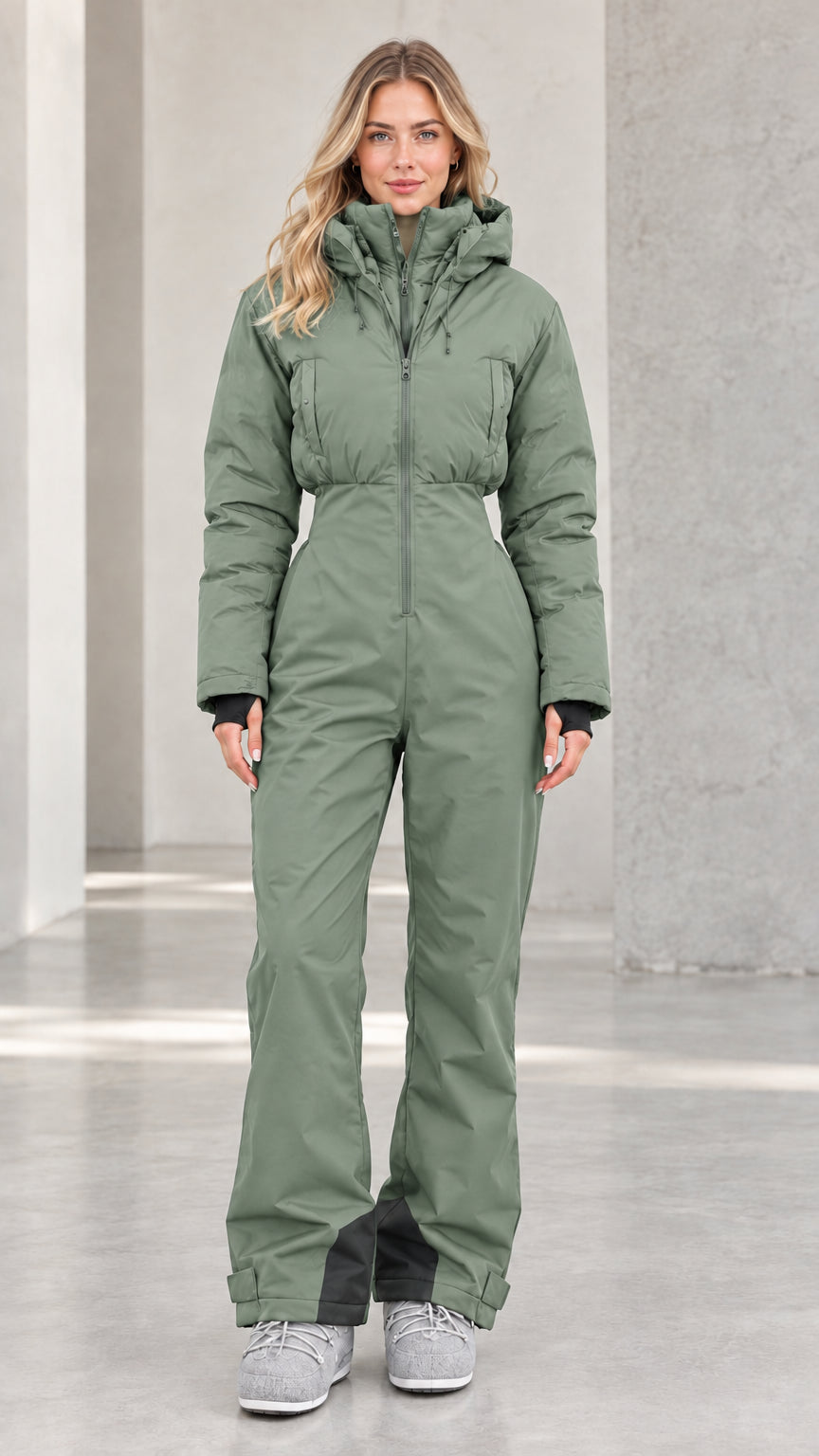 Front view of woman wearing sage green hooded winter snowsuit