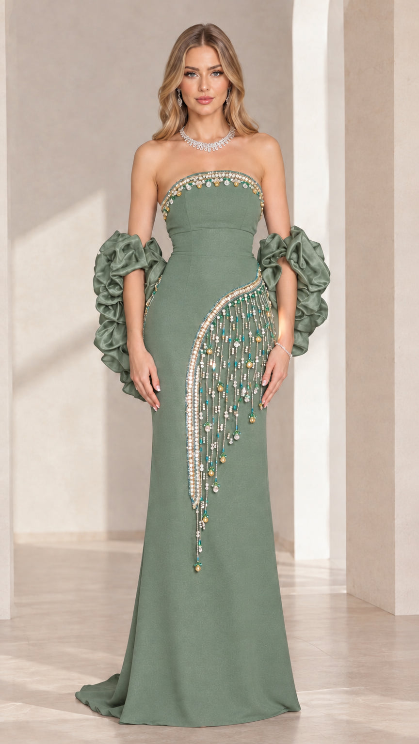 Sage green strapless formal gown with pearl and crystal fringe