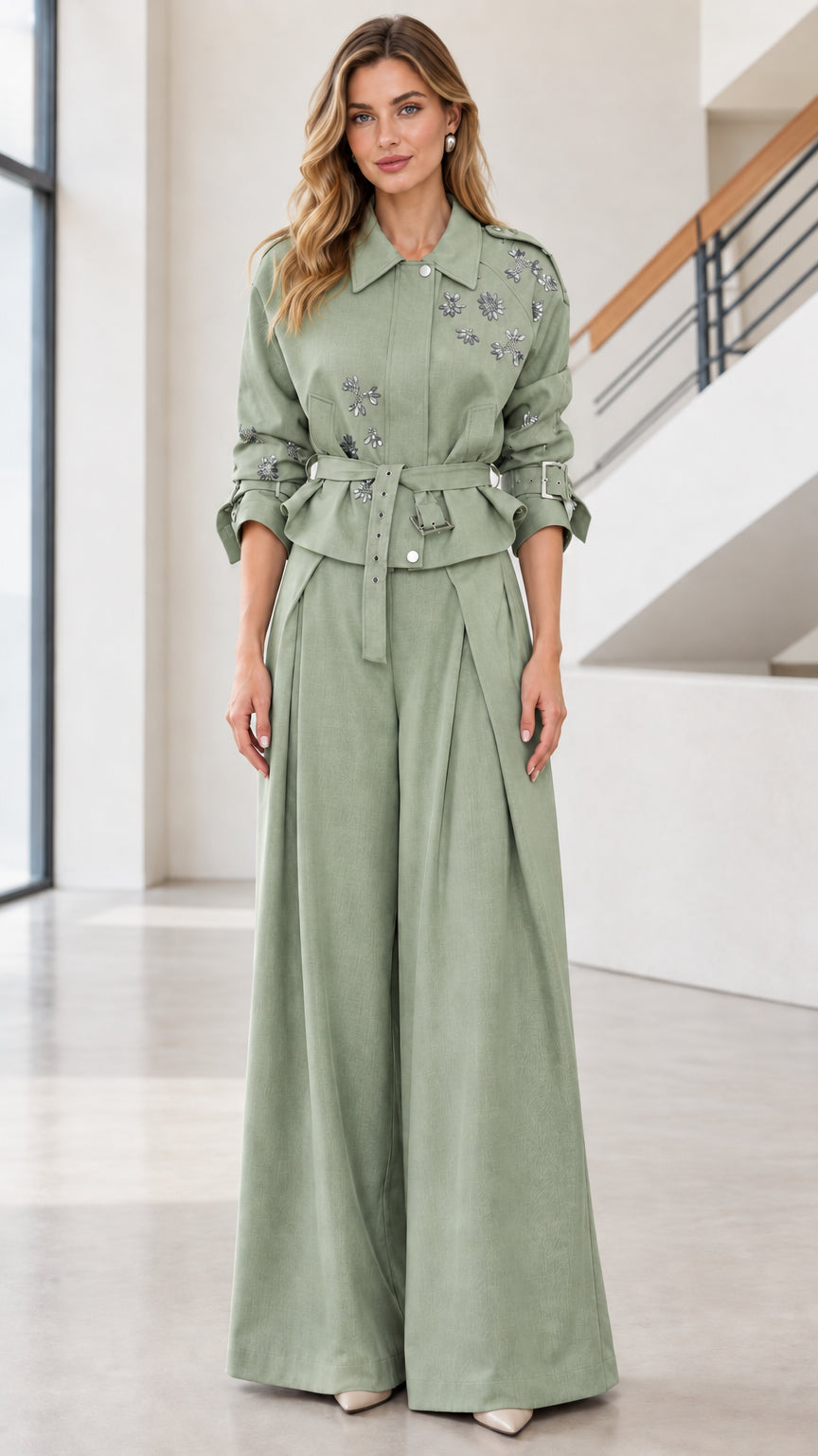 Full-body view of sage green embellished belted jacket and wide-leg trousers set