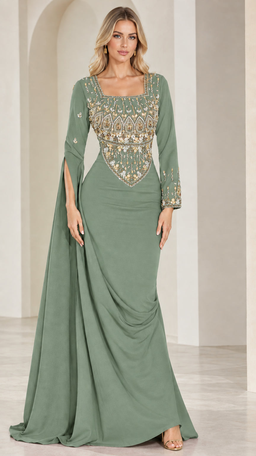 Sage green embellished square neck split sleeve evening dress