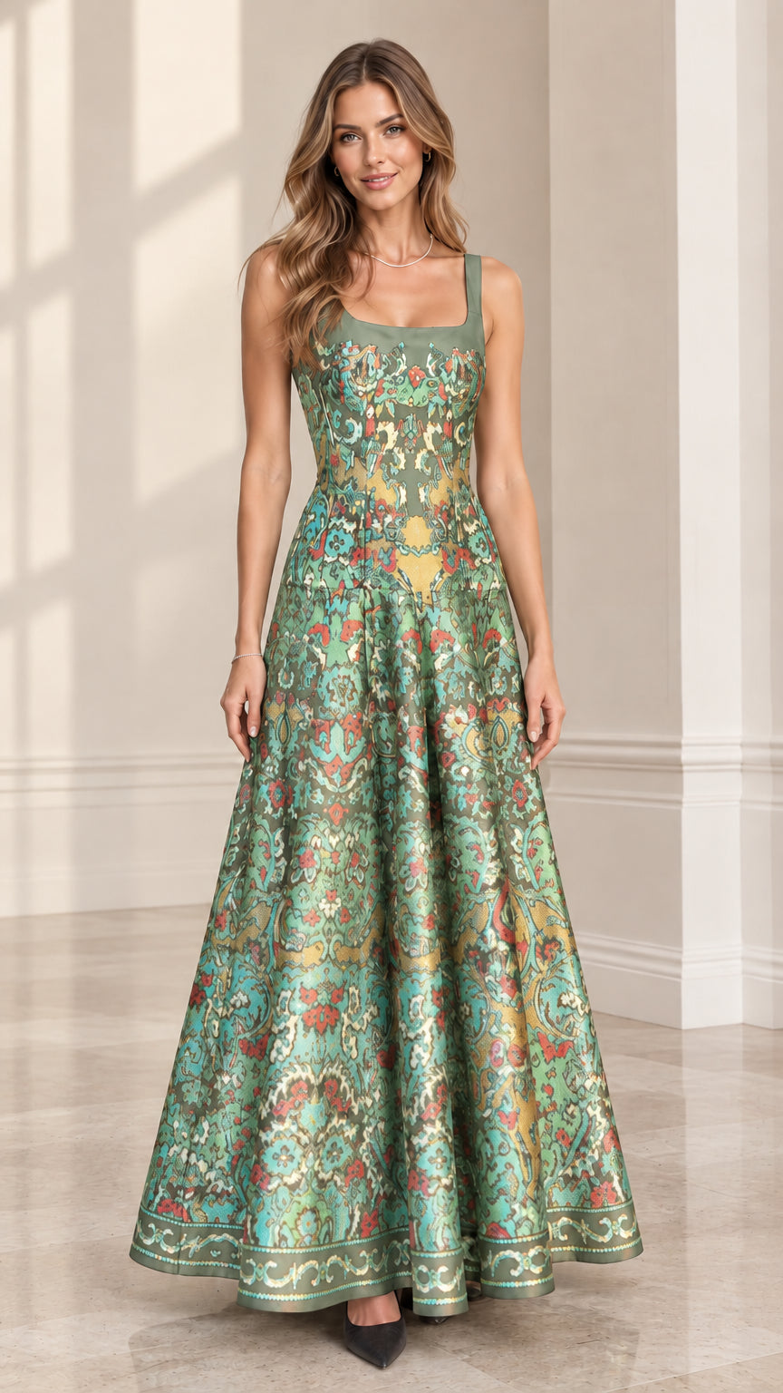 Model wearing Sage Green tapestry pattern brocade evening dress