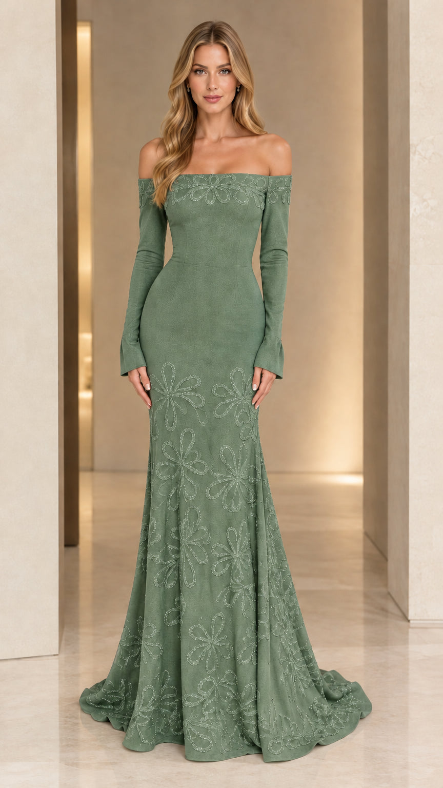 Sage green long sleeve off-the-shoulder evening gown with floral embellishment