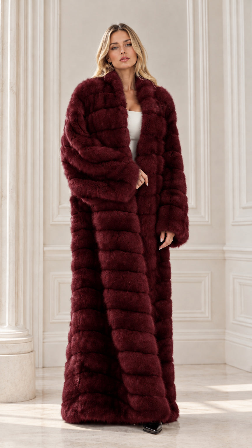 Full-length burgundy wine red faux fur winter maxi coat