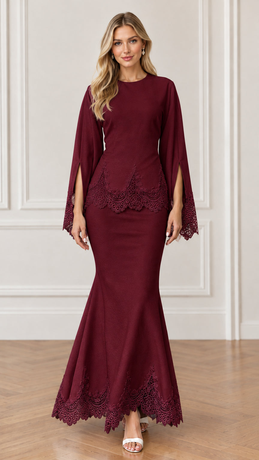 Front view of burgundy red lace trim split sleeve mermaid evening gown
