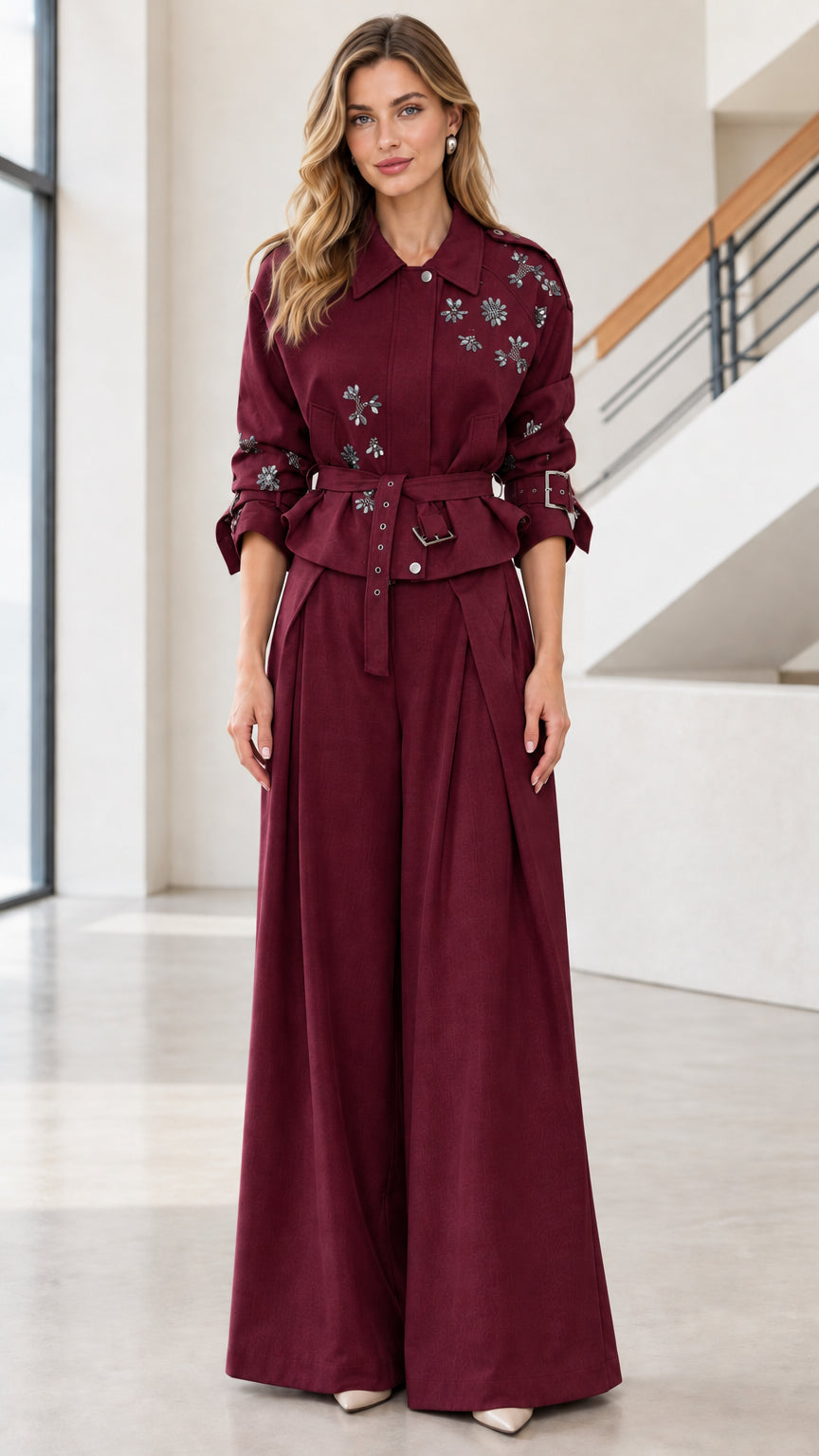 Full-body view of burgundy wine red embellished belted jacket and wide-leg trousers set
