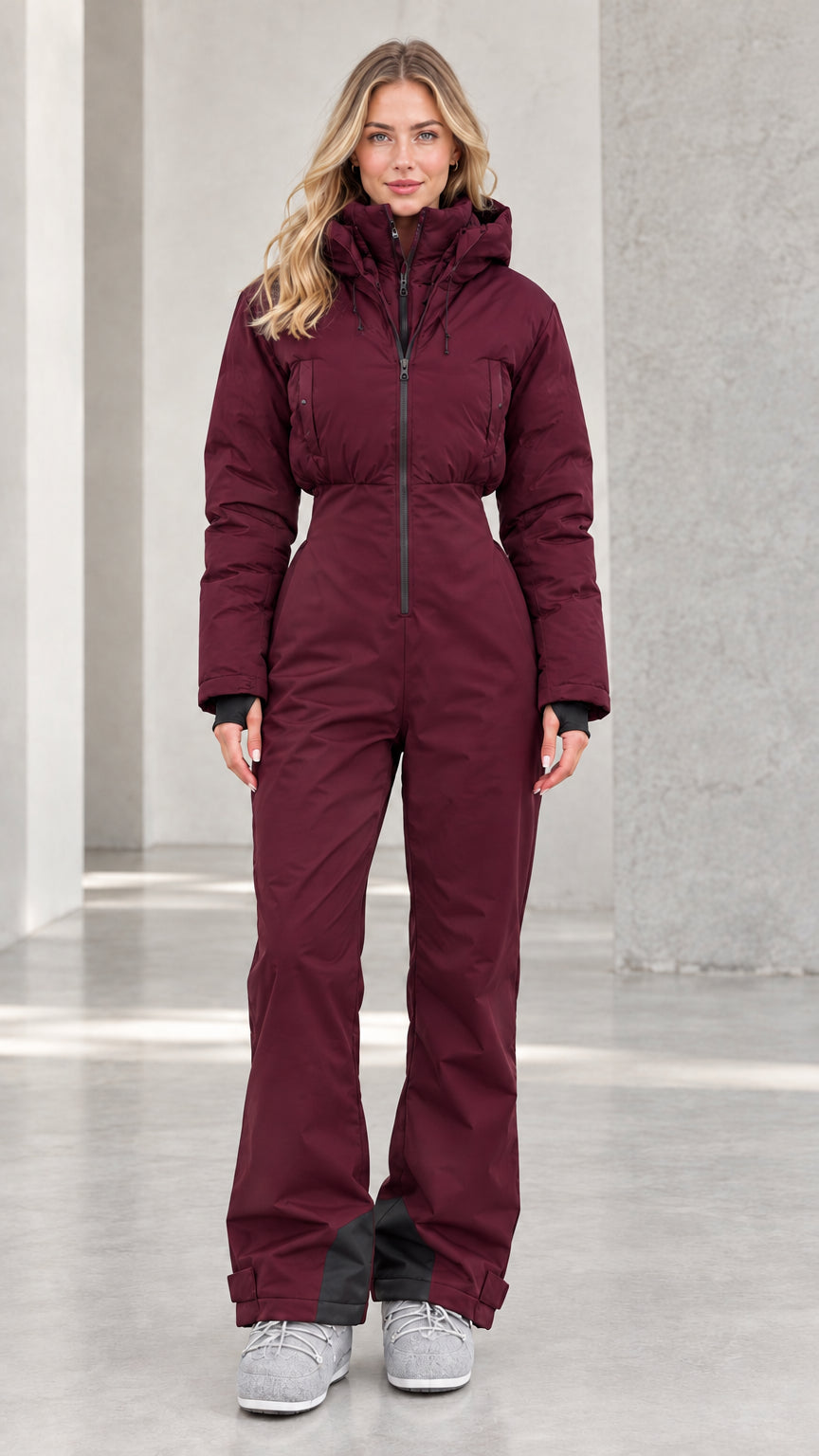 Front view of woman wearing burgundy wine one-piece ski suit