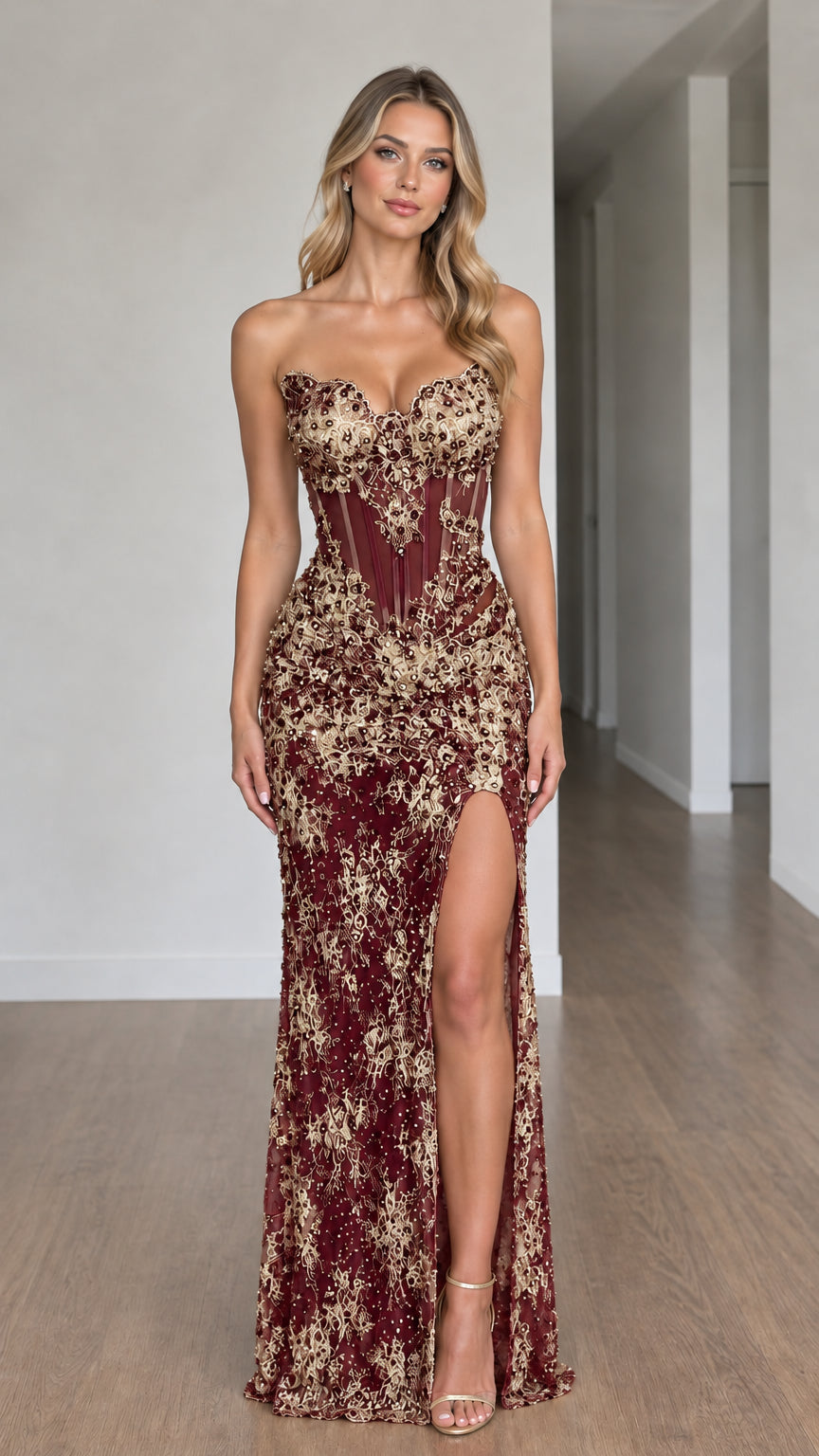 Burgundy red strapless sheer boned corset lace maxi gown with slit