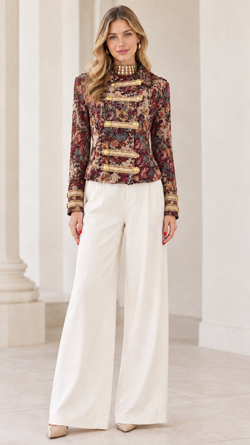 Full front view of Burgundy Floral tapestry military jacket styled with white trousers