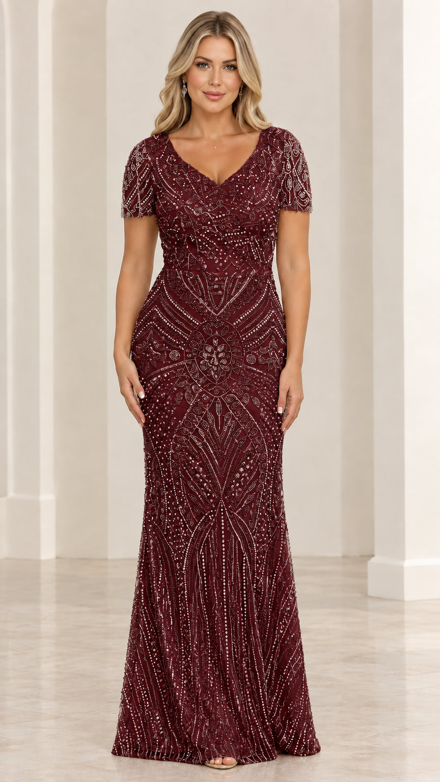 Front view of burgundy wine beaded short sleeve formal gown