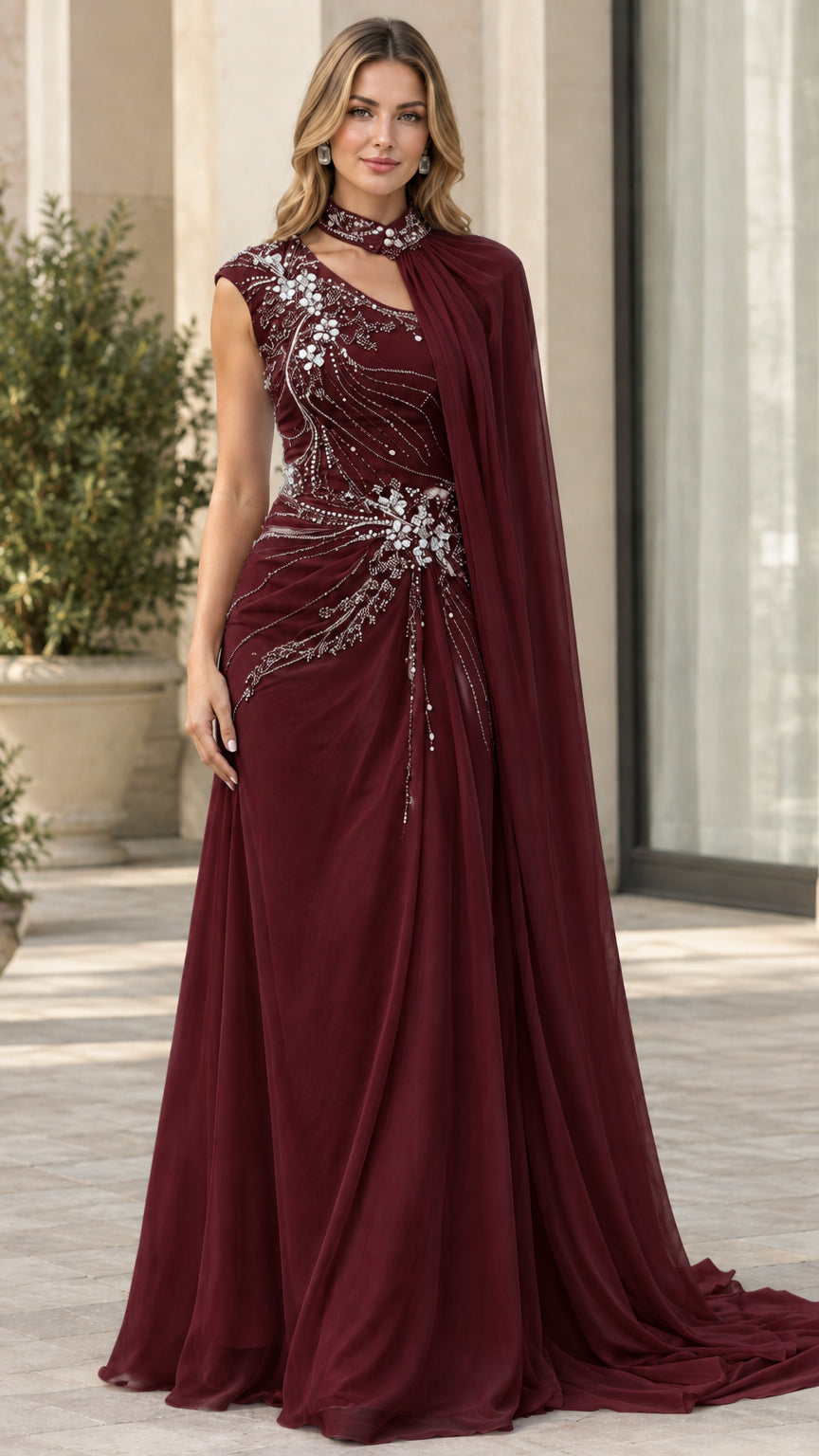 Burgundy wine embellished mock neck cape evening gown