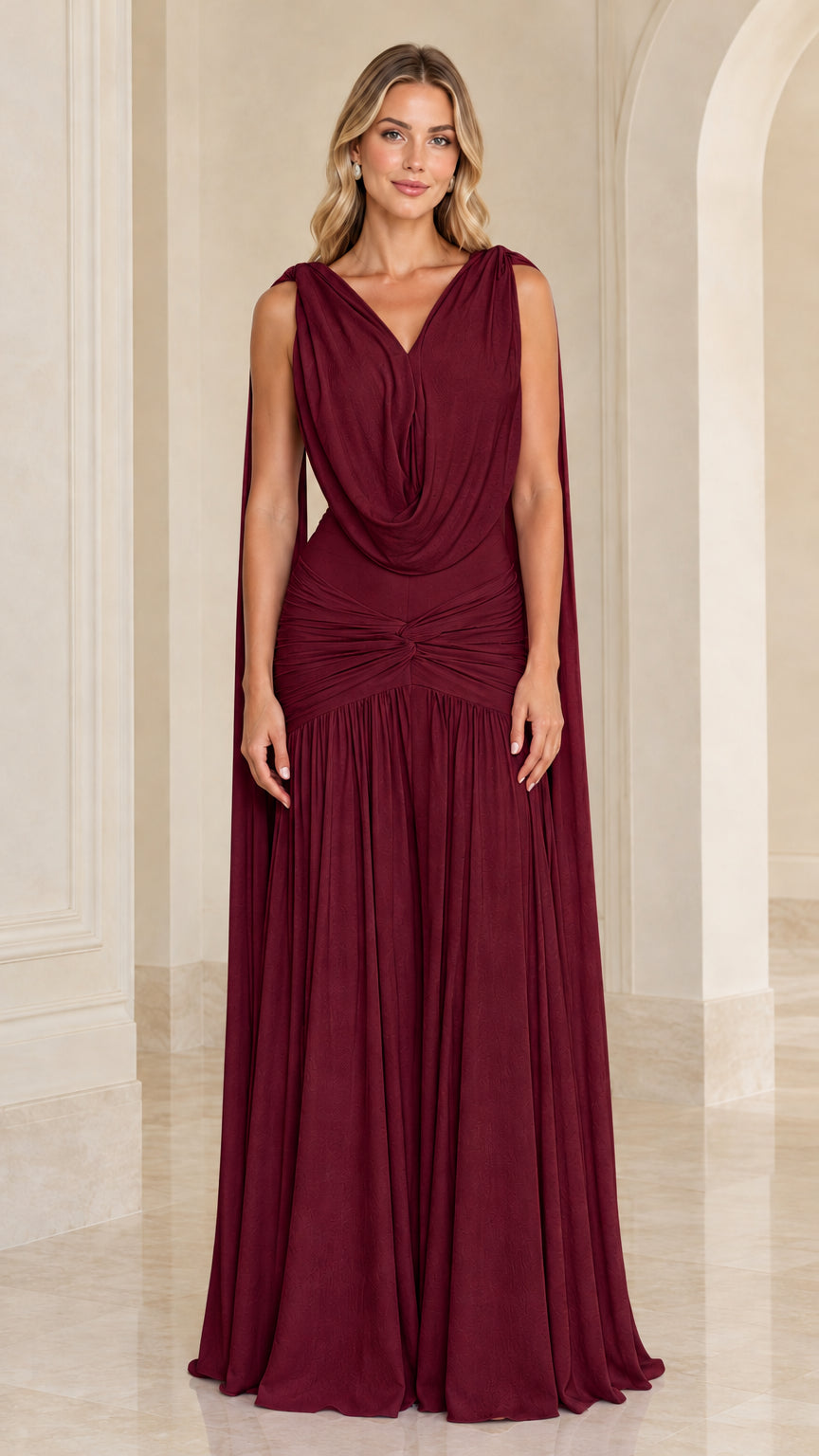 Burgundy wine cowl neckline maxi gown with floor-length cape