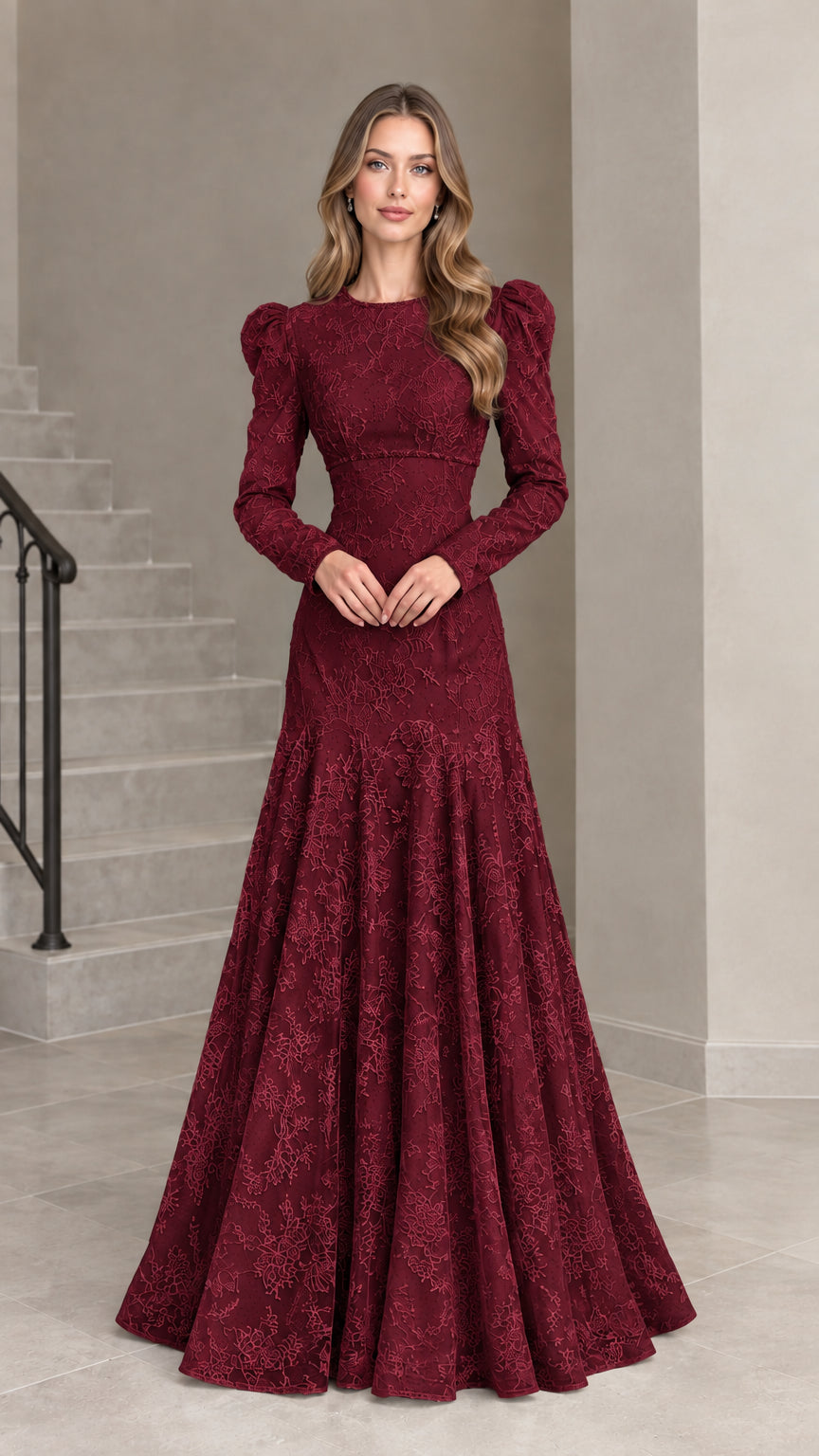 Burgundy wine long sleeve lace formal gown front view