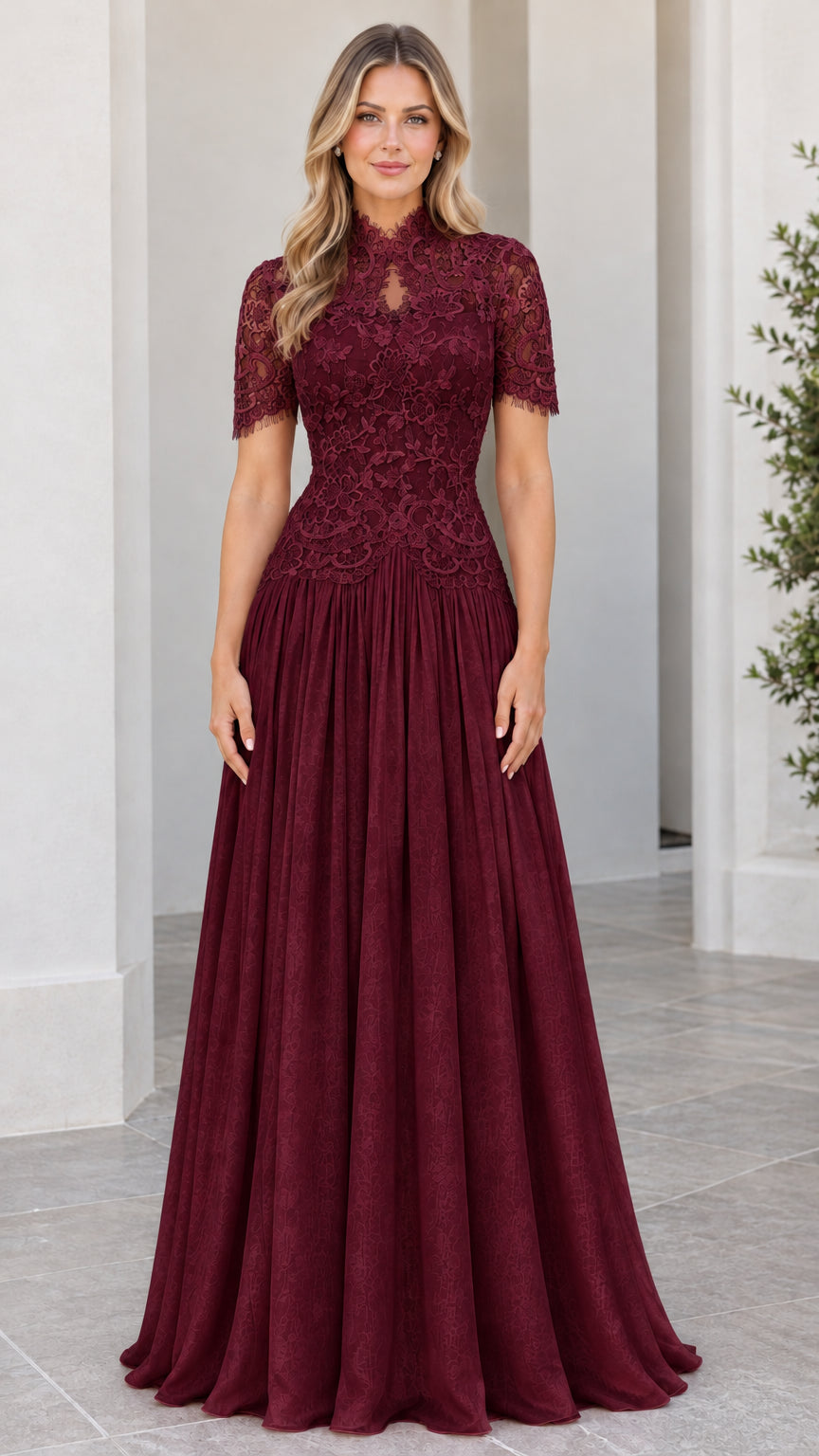 Model wearing Burgundy red lace bodice floor-length chiffon evening dress