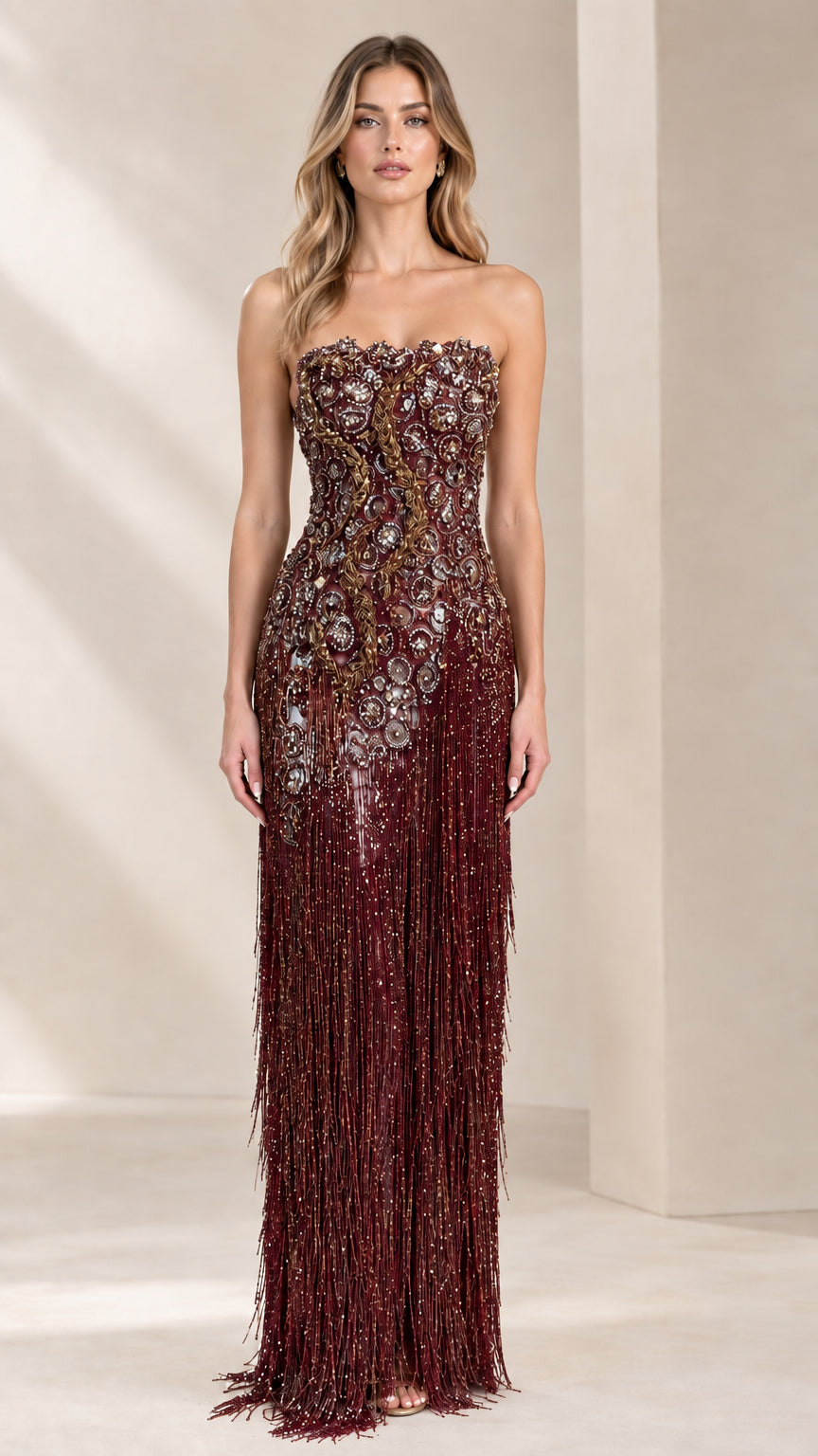 Strapless beaded fringe evening gown in Burgundy
