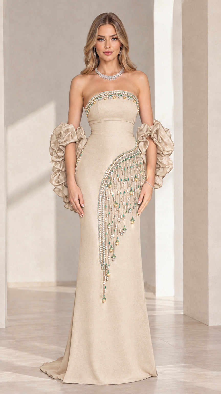 Champagne beige strapless gala gown with intricate beaded waist fringe