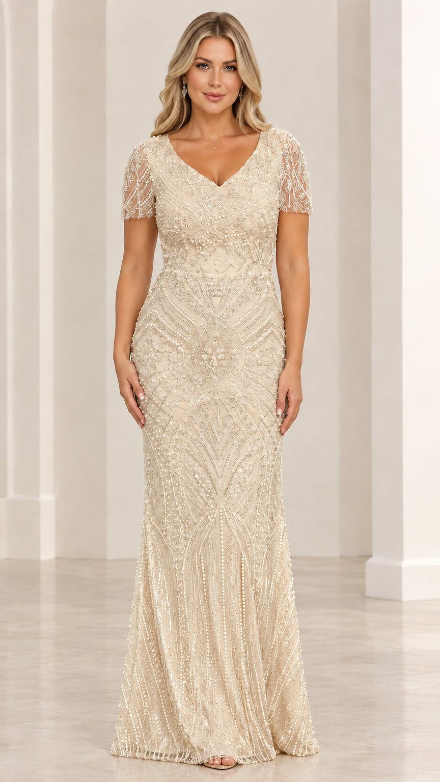 Front view of champagne beaded Art Deco evening maxi dress
