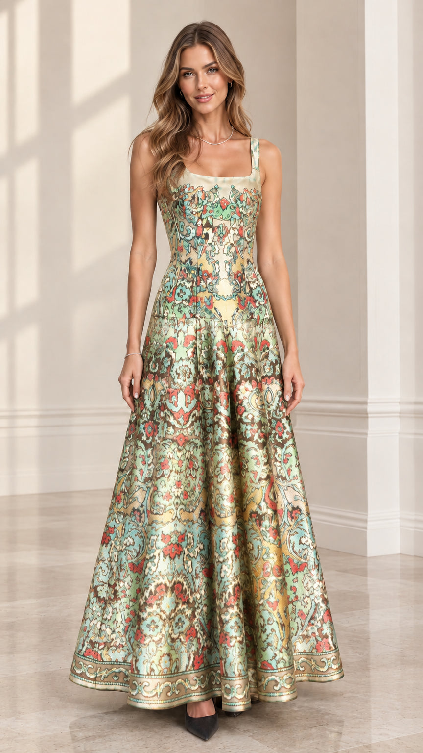Model wearing Champagne Gold ornate brocade sleeveless formal gown