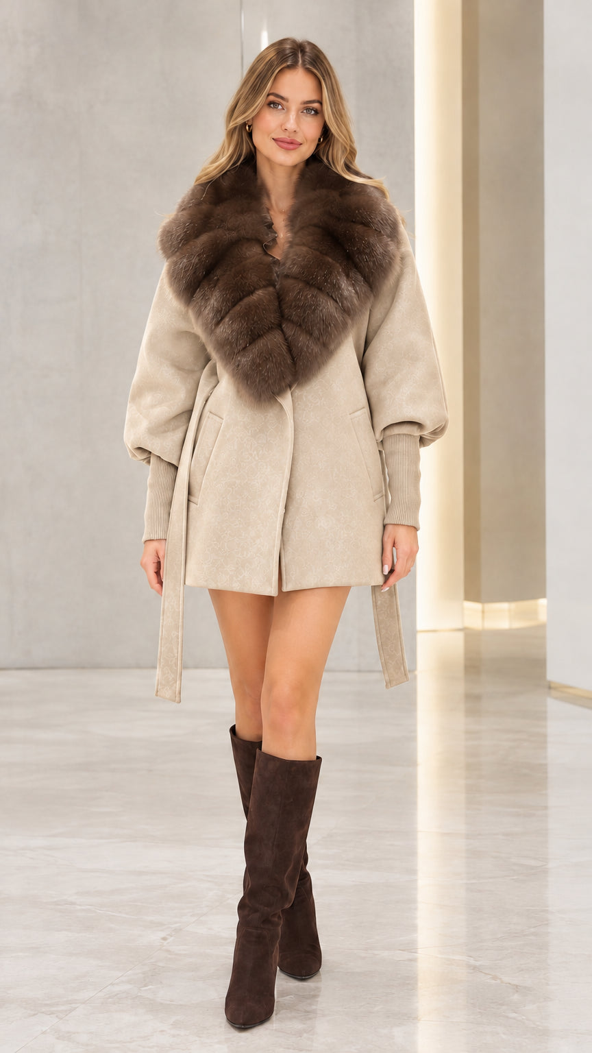 Front view of model wearing the beige belted coat with brown faux fur collar