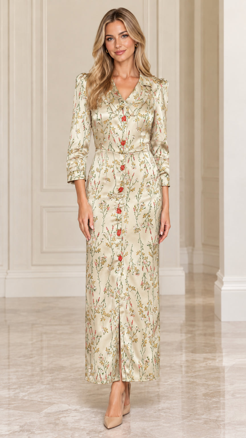 Front view of model wearing Champagne floral satin lapel maxi dress