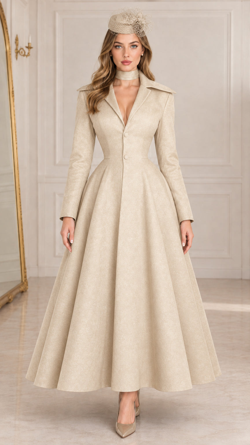 Model wearing Beige champagne vintage lapel long sleeve corset-back maxi dress