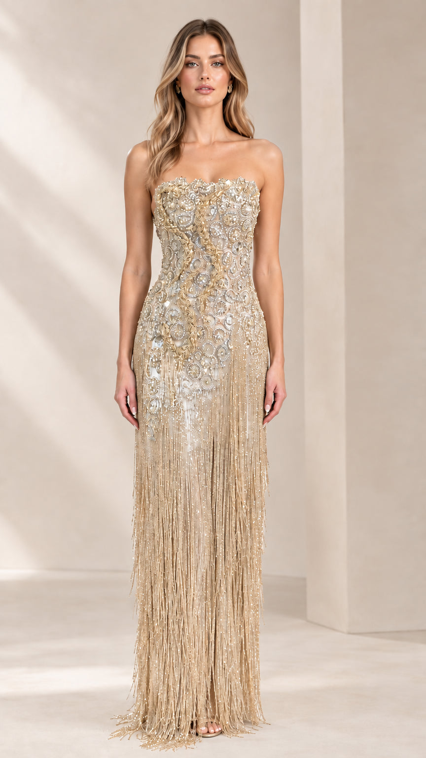 Strapless beaded fringe evening gown in Champagne Gold